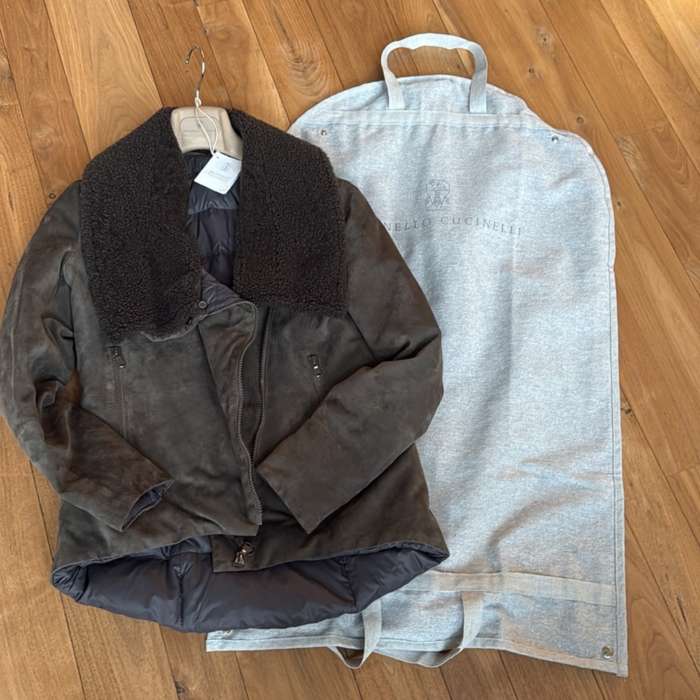 Brunello Cucinelli Bundle 
Leather jacket S/M with garment bag, hanger